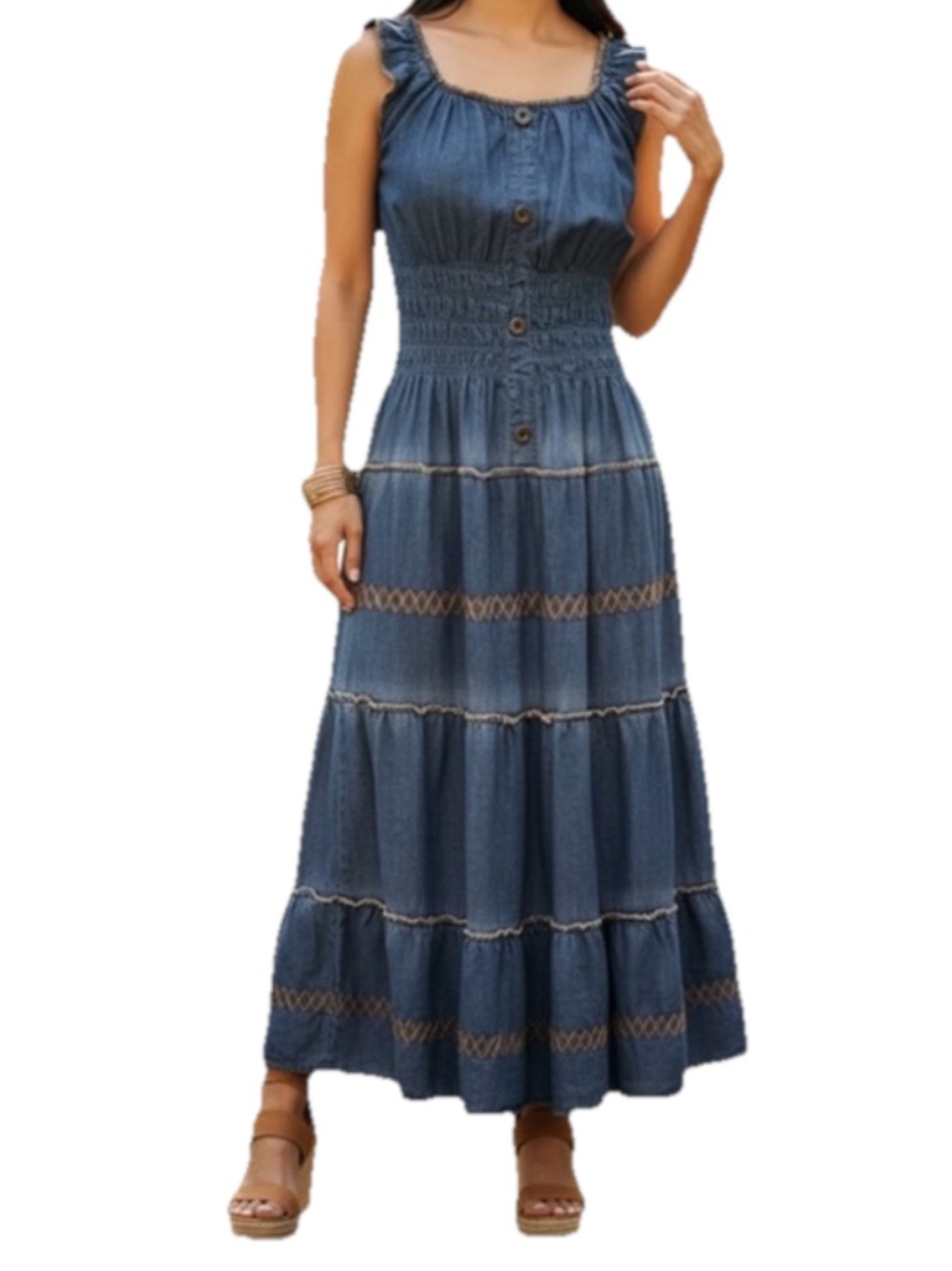 Anthropologie Lapis Tiered Denim Maxi Dress Large
